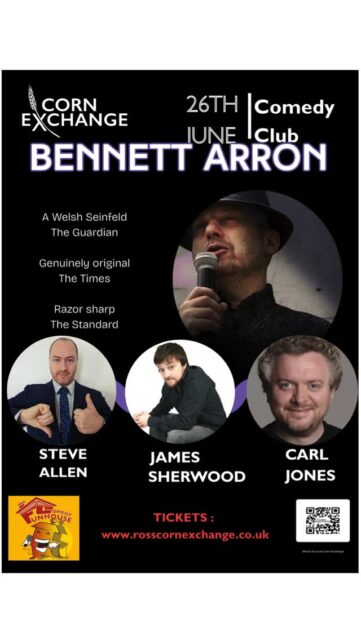 Get ready for a night of laughs at the Corn Exchange! π€ Join us on June 26th for an unforgettable Comedy Club event featuring the hilarious Bennett Arron, Steve Allen, James Sherwood, and Carl Jones. Don't miss out on these razor-sharp performances! Grab your tickets now at www.rosscornexchange.co.uk. π #ComedyNight #LiveStandUp #CornExchangeComedy