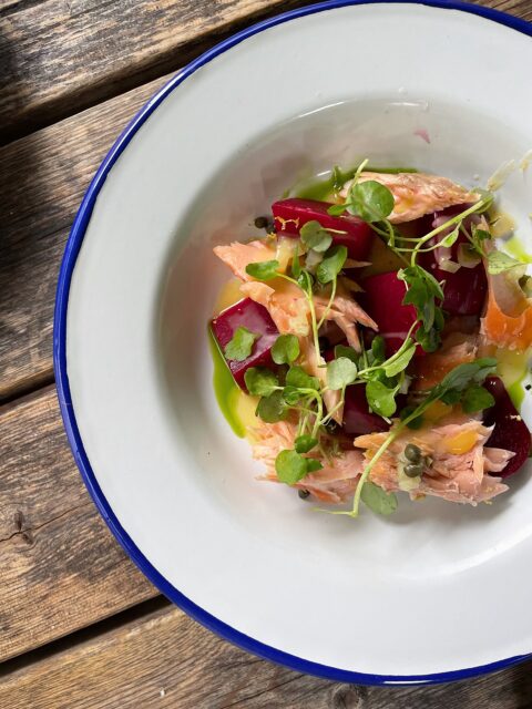 Our house hot smoked salmon on this week with beetroot, horseradish cream,caper & cornichon lemon dressing 🐟 🔥